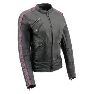 Milwaukee Leather MLL2571 Ladies Black and Purple 'Crinkled Arm' Lightweight Racer Jacket