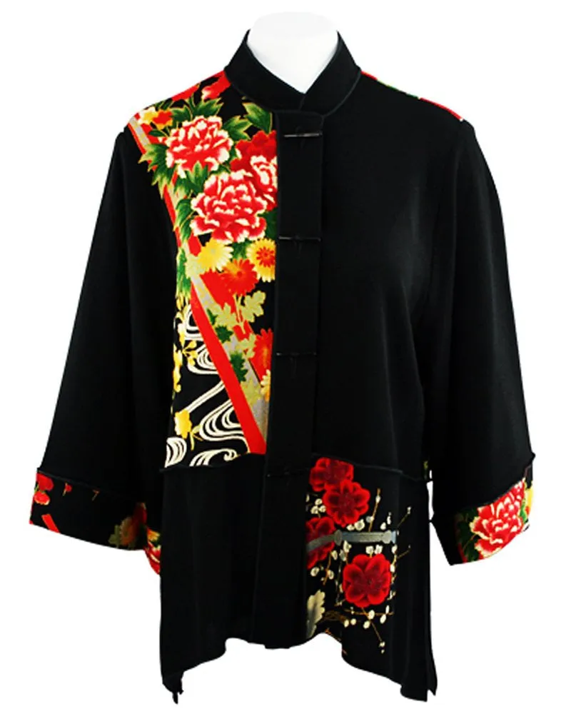 Moonlight - Asian Flower Geo Floral Print, Mandarin Collar, Sharkbite Hem Top