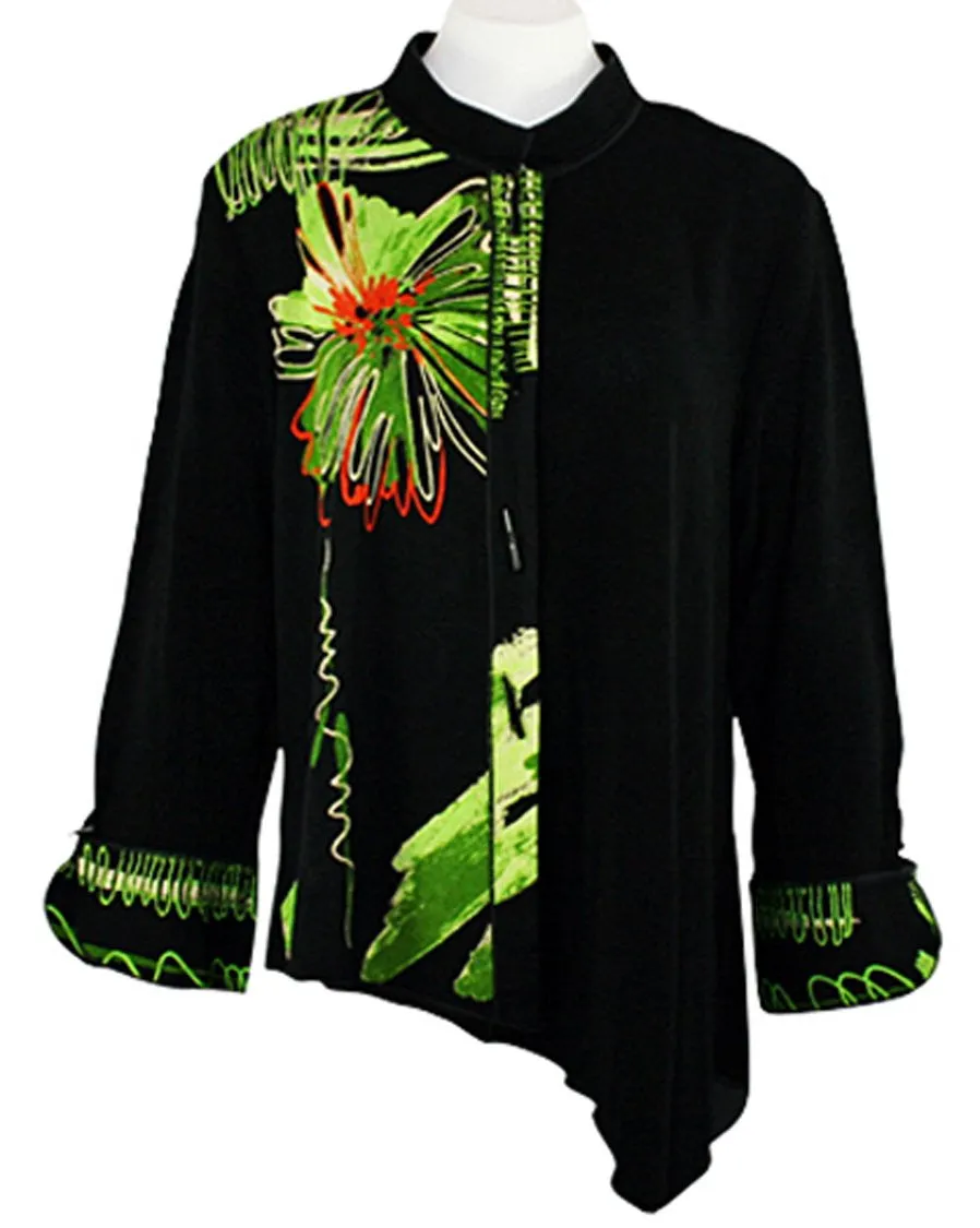 Moonlight Geometric & Floral Print, Black & Lime Asian Themed Asymmetric Hem Top