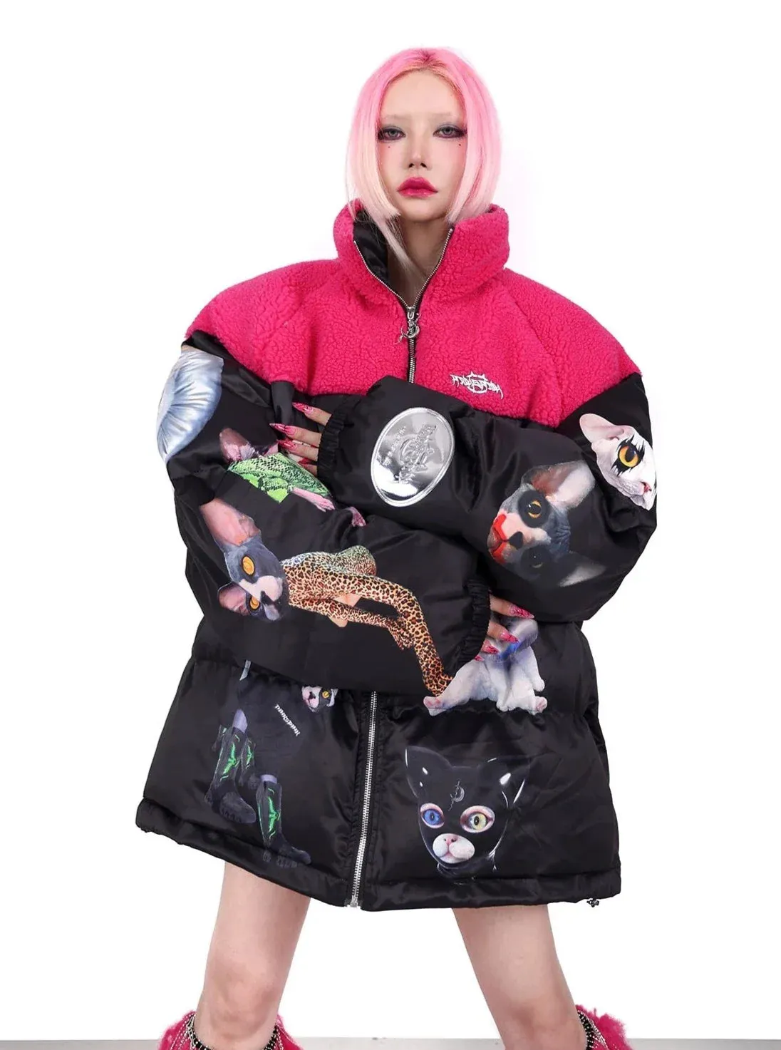 PINKSPINK Quirky Animal Collage Puffer Jacket - Black and Hot Pink