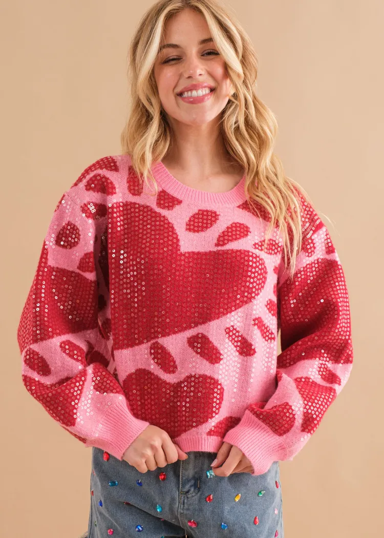 Sequin Heart Pullover Sweater