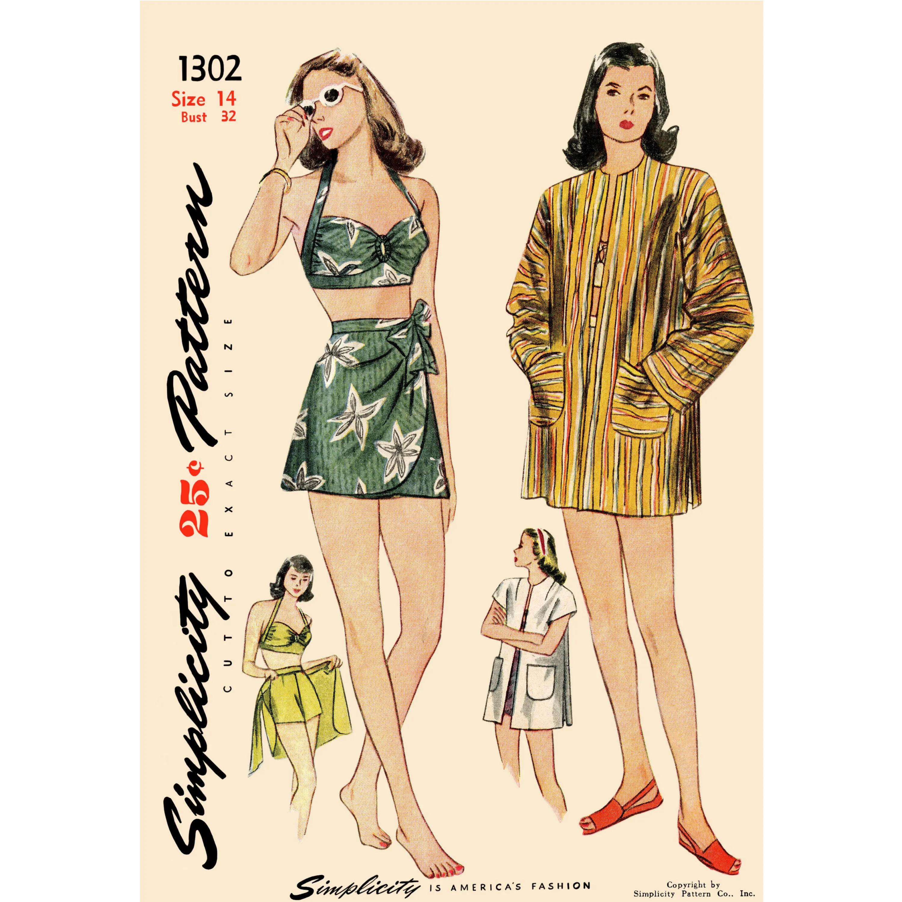 Simplicity Pattern 8932 Misses' Vintage Bikini Top, Shorts, Wrap, Skirt and Coat