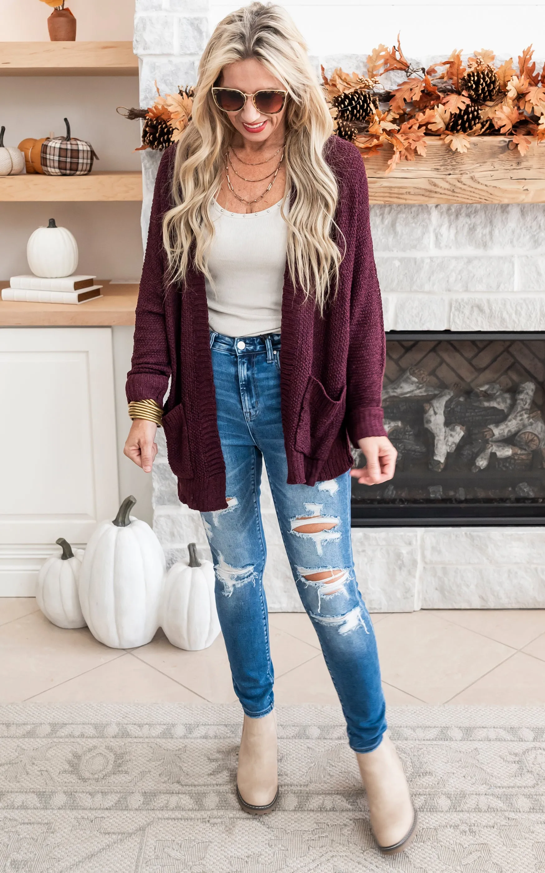 Slouchy Fall Knit Cardigan - Red Bean - Final Sale