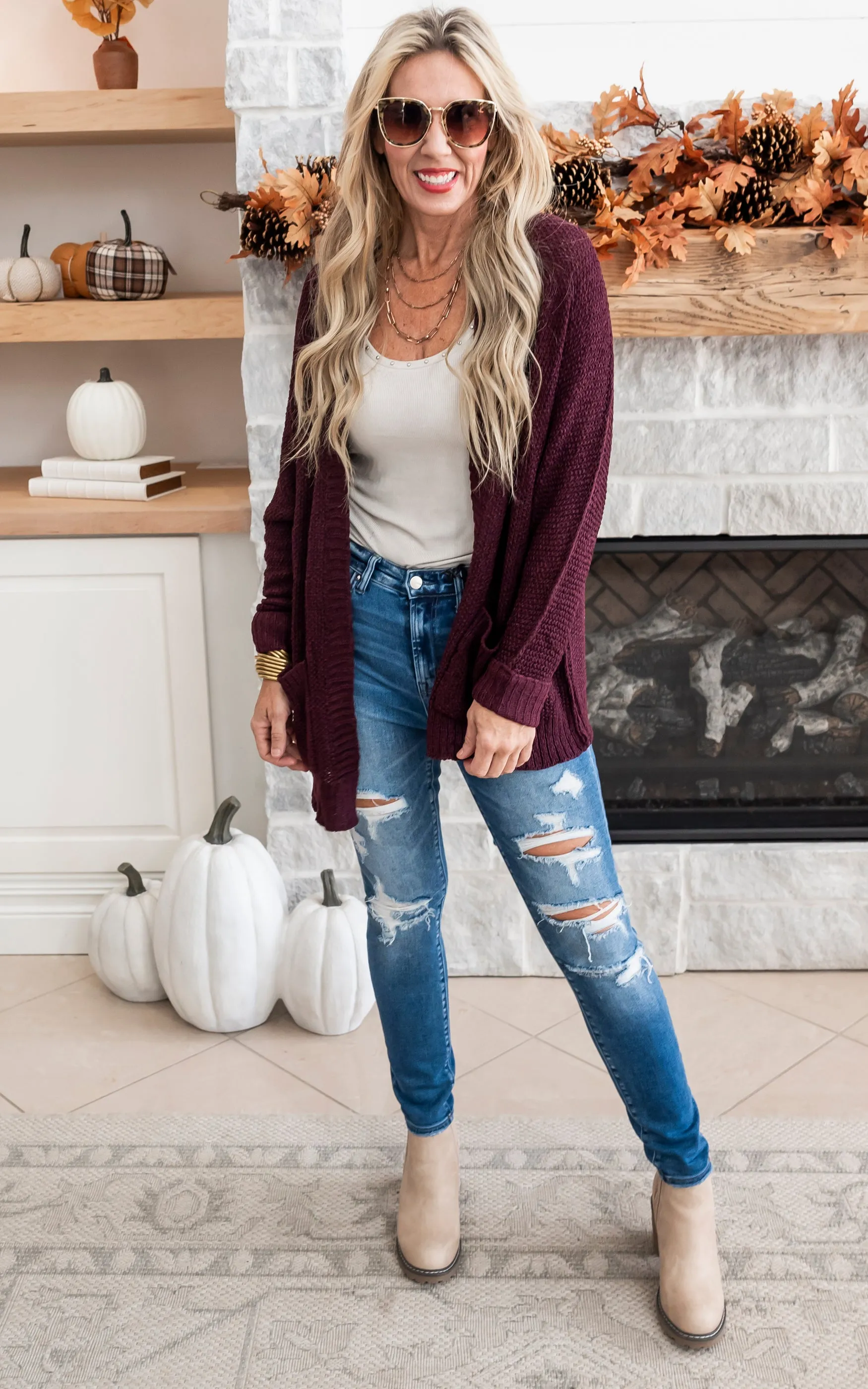 Slouchy Fall Knit Cardigan - Red Bean - Final Sale