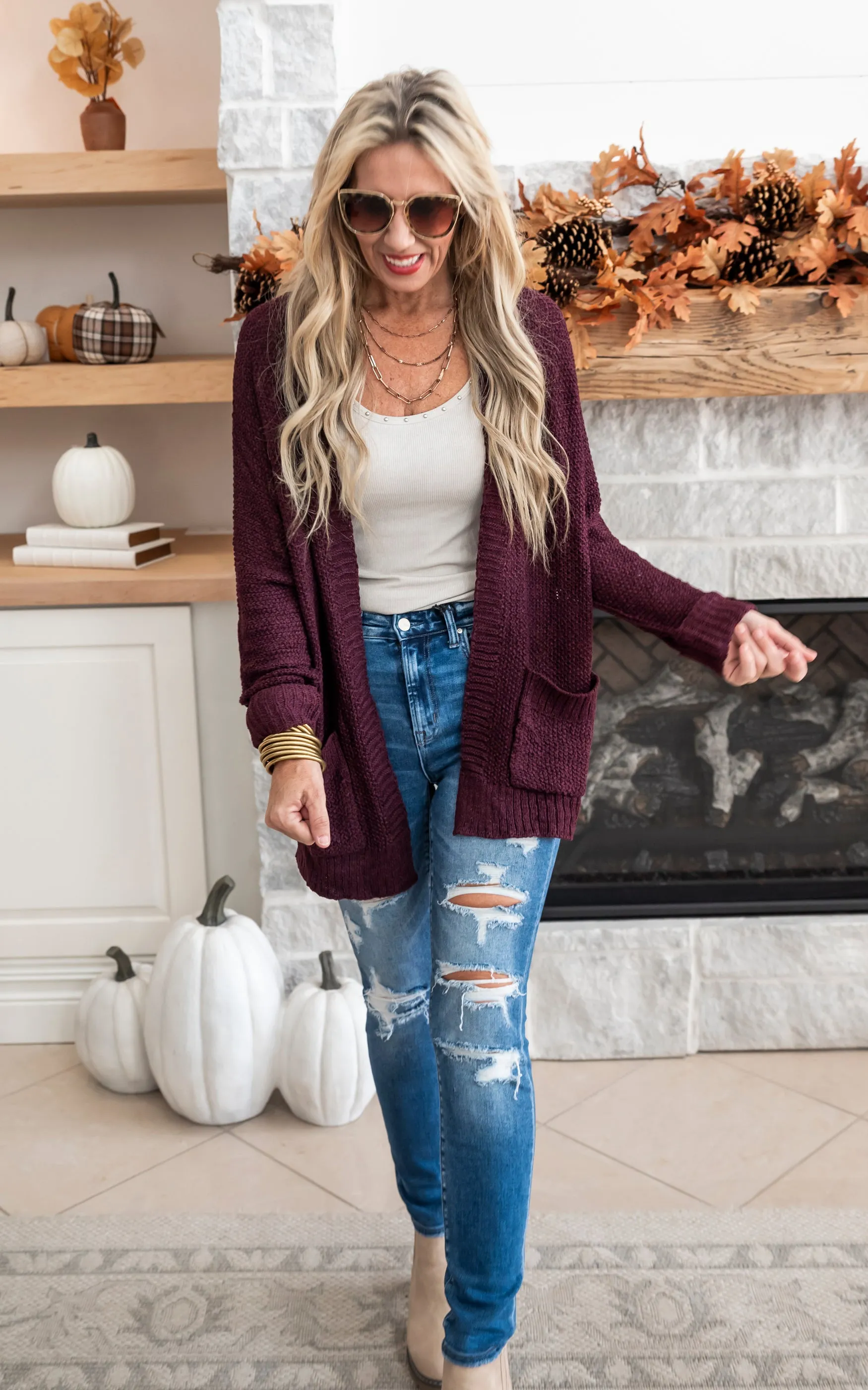 Slouchy Fall Knit Cardigan - Red Bean - Final Sale