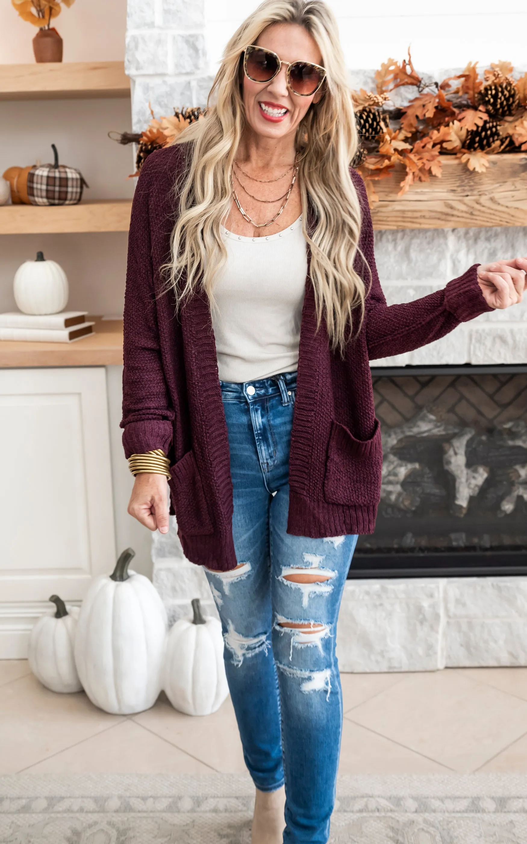 Slouchy Fall Knit Cardigan - Red Bean - Final Sale