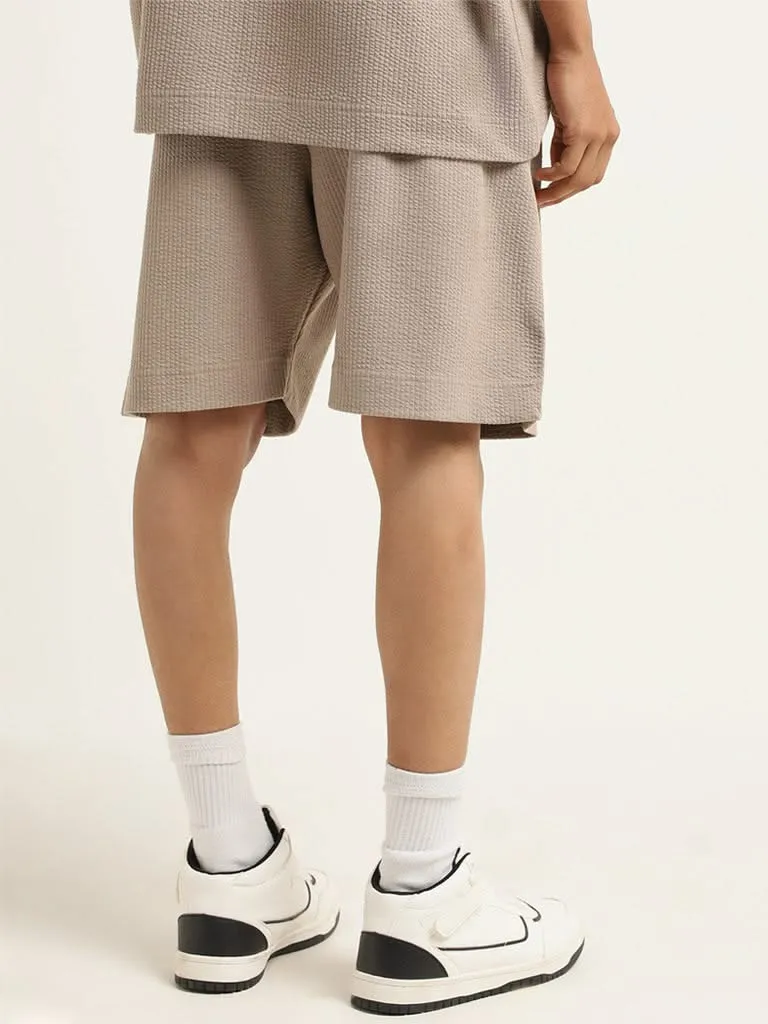 Studiofit Beige Solid Cotton Blend Relaxed Fit Shorts