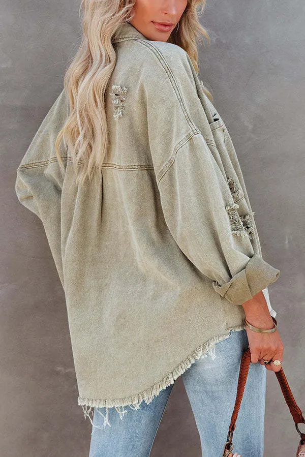 Stylish Lapel Long Sleeve Ripped Denim Jacket