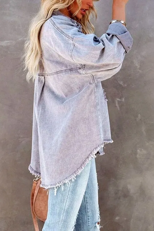 Stylish Lapel Long Sleeve Ripped Denim Jacket