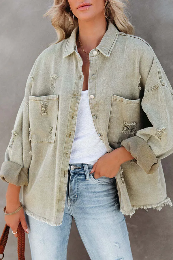 Stylish Lapel Long Sleeve Ripped Denim Jacket