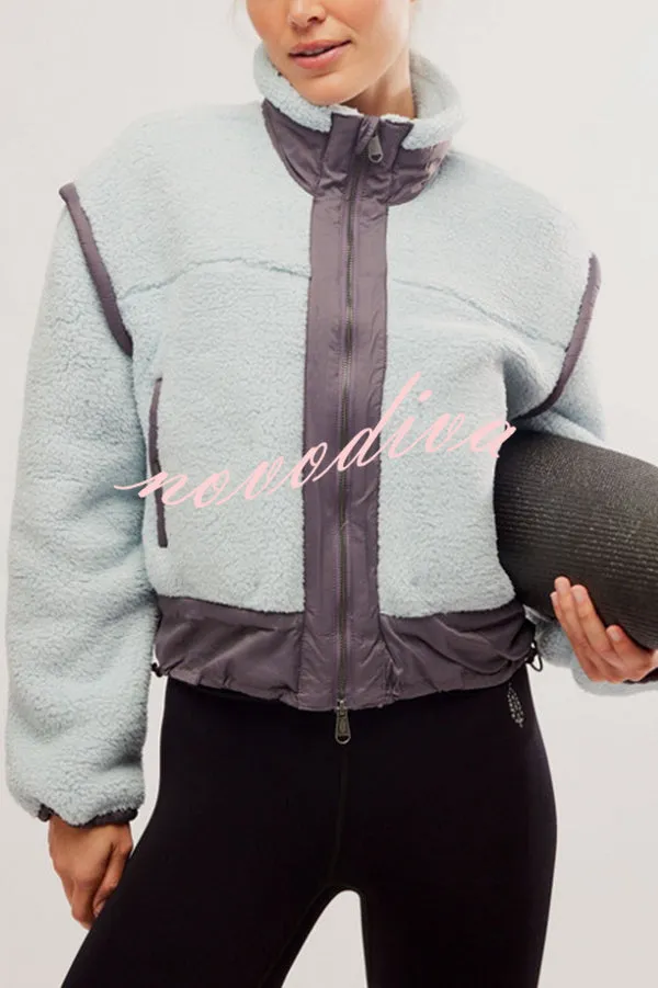 Stylish Patchwork Stand Collar Sherpa Zipper Jacket