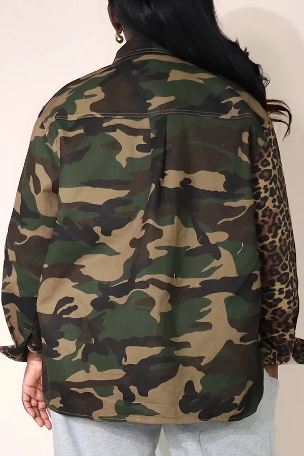 Stylish Two Iconic Prints Camo-Leopard Shirt Jacket