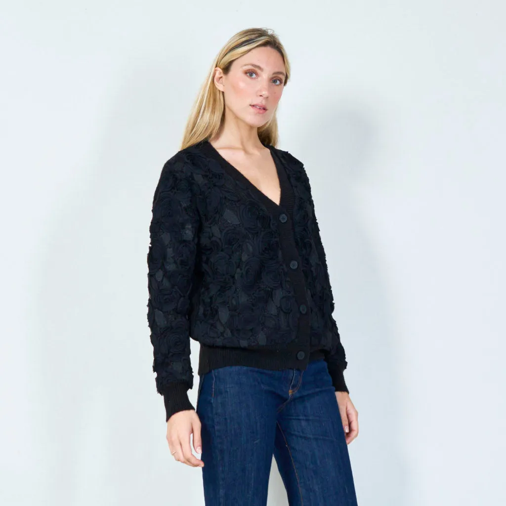 Textured floral applique cardigan wholesale