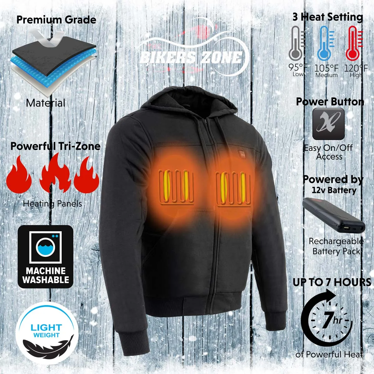 The Bikers Zone BZ2813 Men's Black Ultimate Heated Hoodie with 12V Battery (Included)