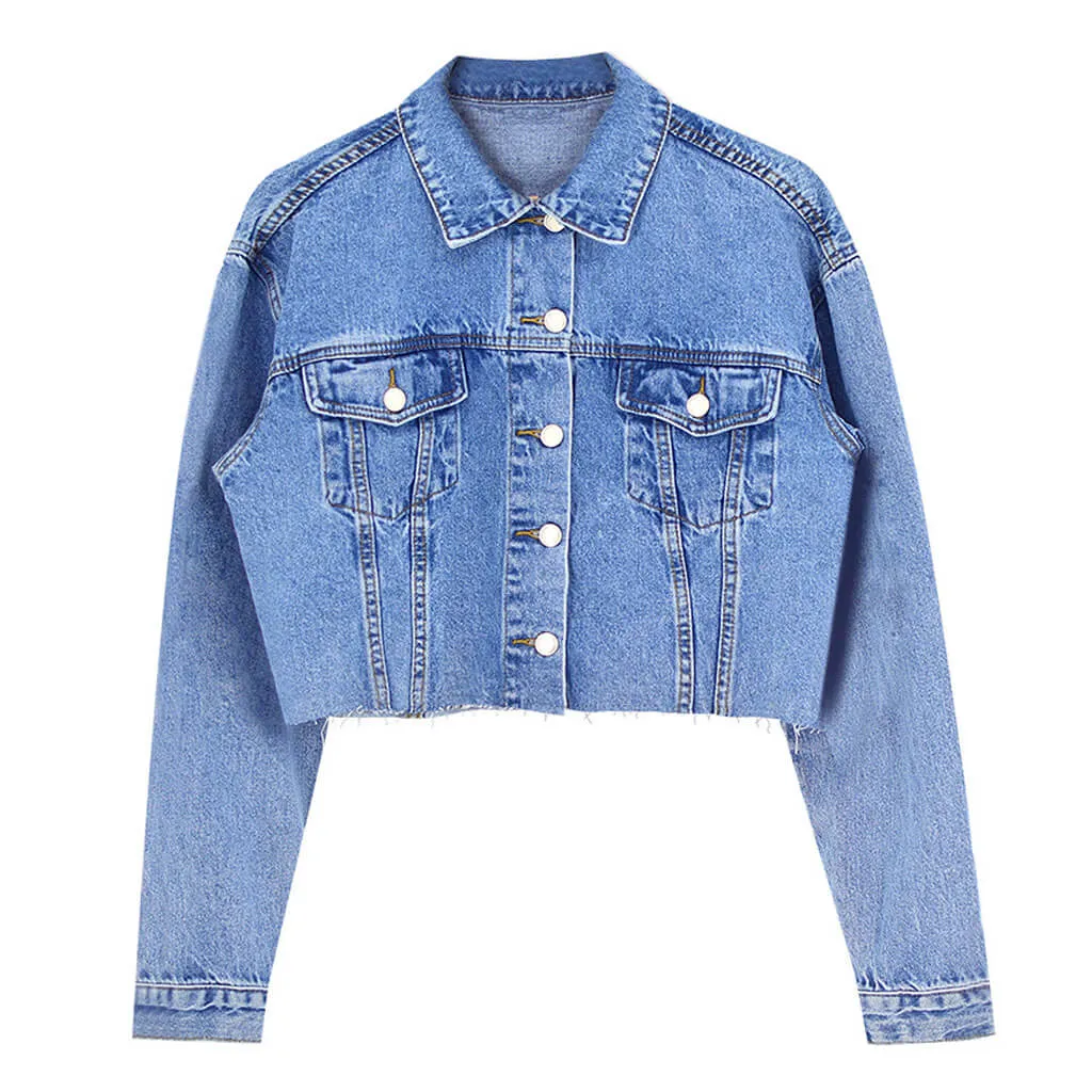 Trendy Raw Trim Long Sleeve Single Breasted Crop Denim Jacket - Blue