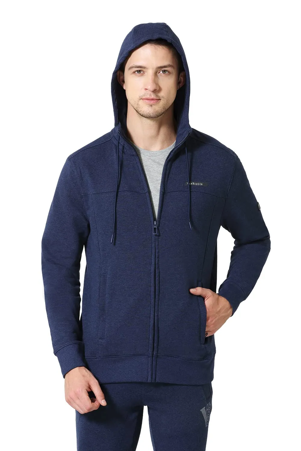 Van Heusen Men Athleisure Smart Tech Hoodie - Easy Stain Release, Anti Stat, Ultra Soft_80004_Blue Melange_S