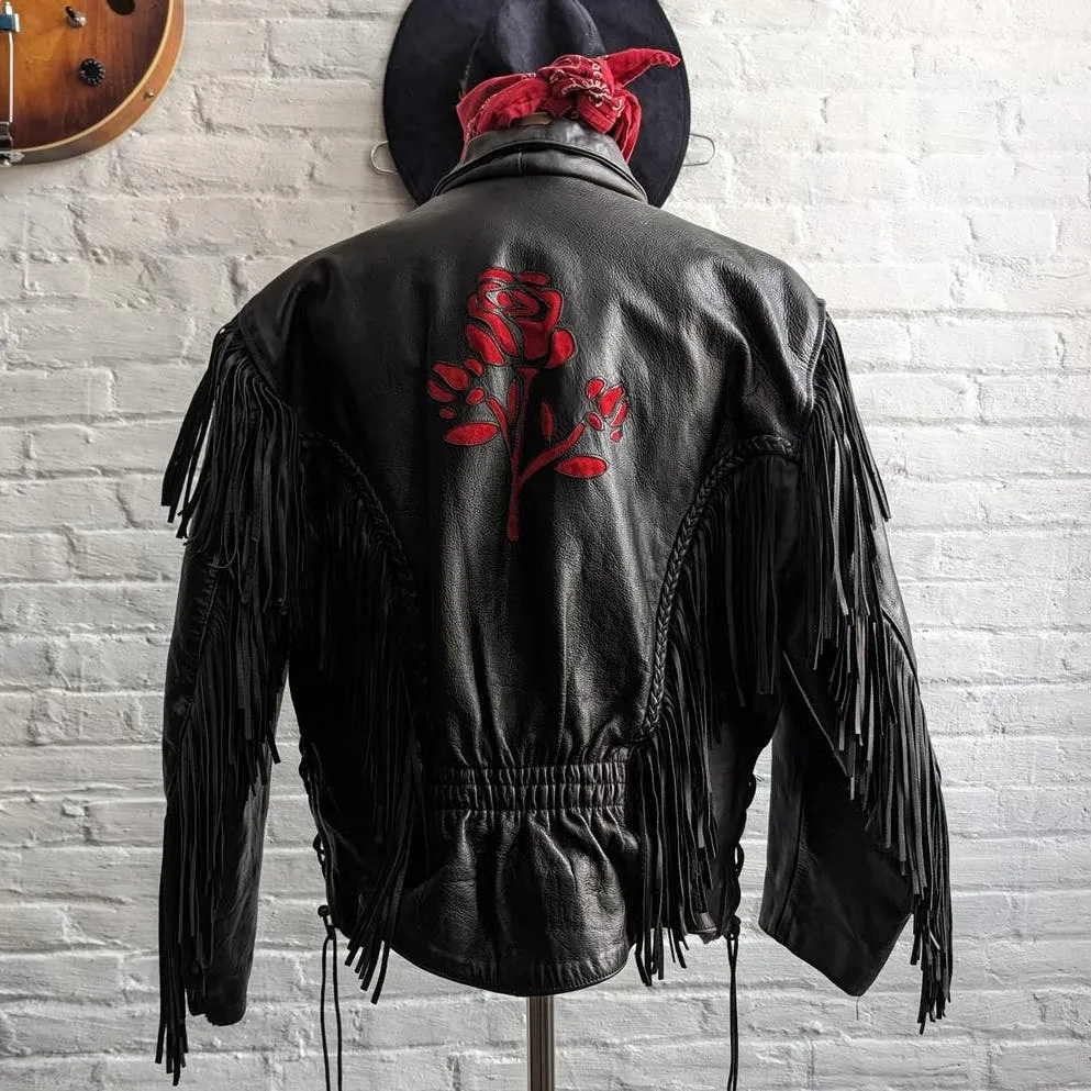 Vintage Black Genuine Leather Biker Jacket Suede Red Roses Fringe Western Coat