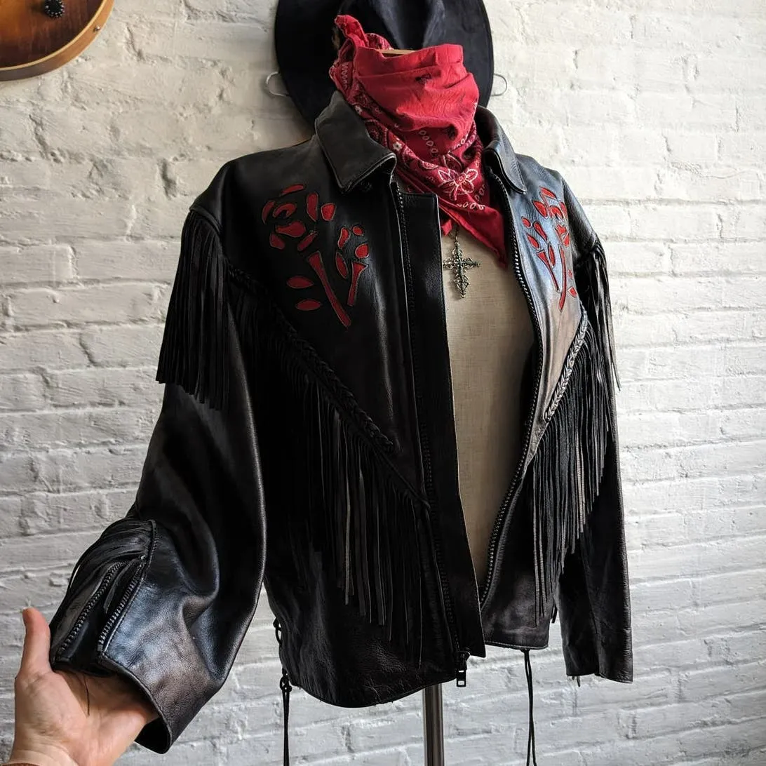 Vintage Black Genuine Leather Biker Jacket Suede Red Roses Fringe Western Coat