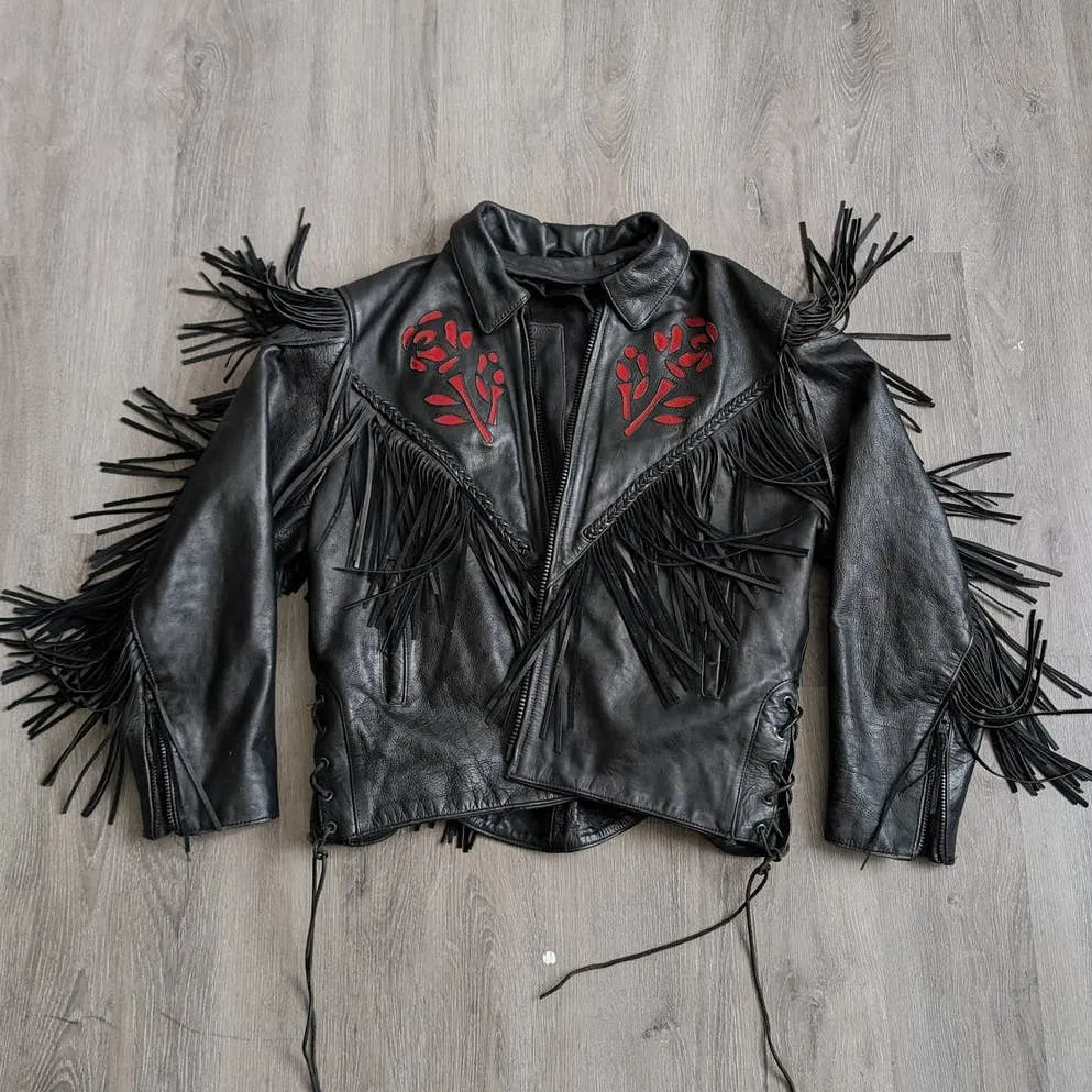 Vintage Black Genuine Leather Biker Jacket Suede Red Roses Fringe Western Coat