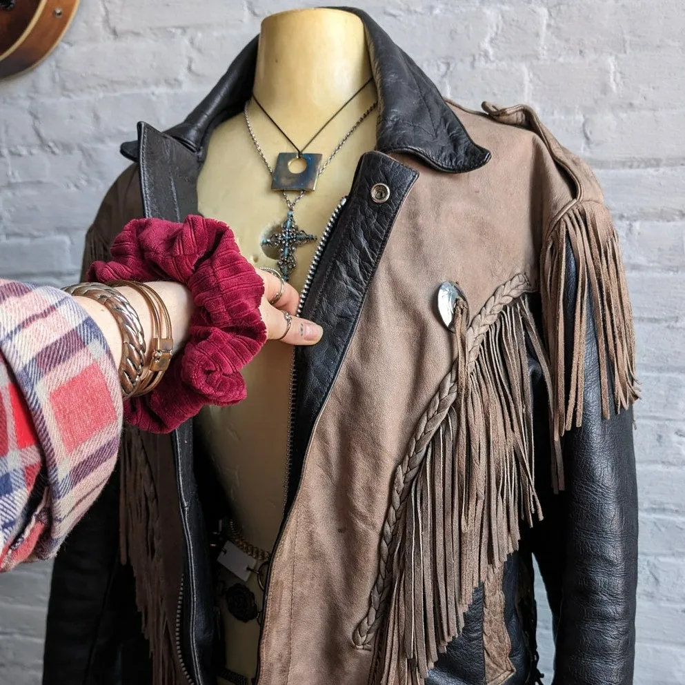 Vintage Brown Black Leather Biker Jacket Fringe Concho Motorcycle Western Duster