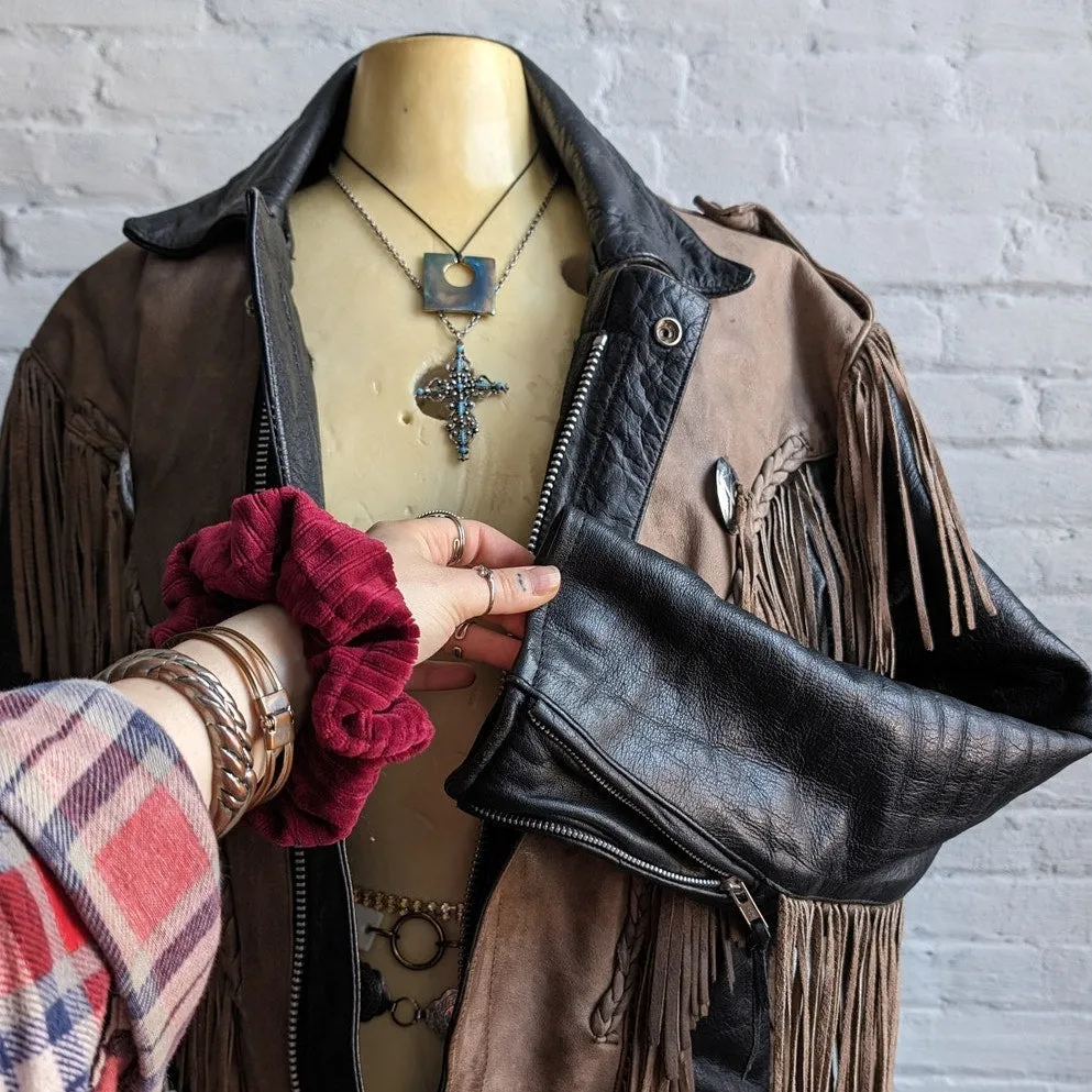 Vintage Brown Black Leather Biker Jacket Fringe Concho Motorcycle Western Duster