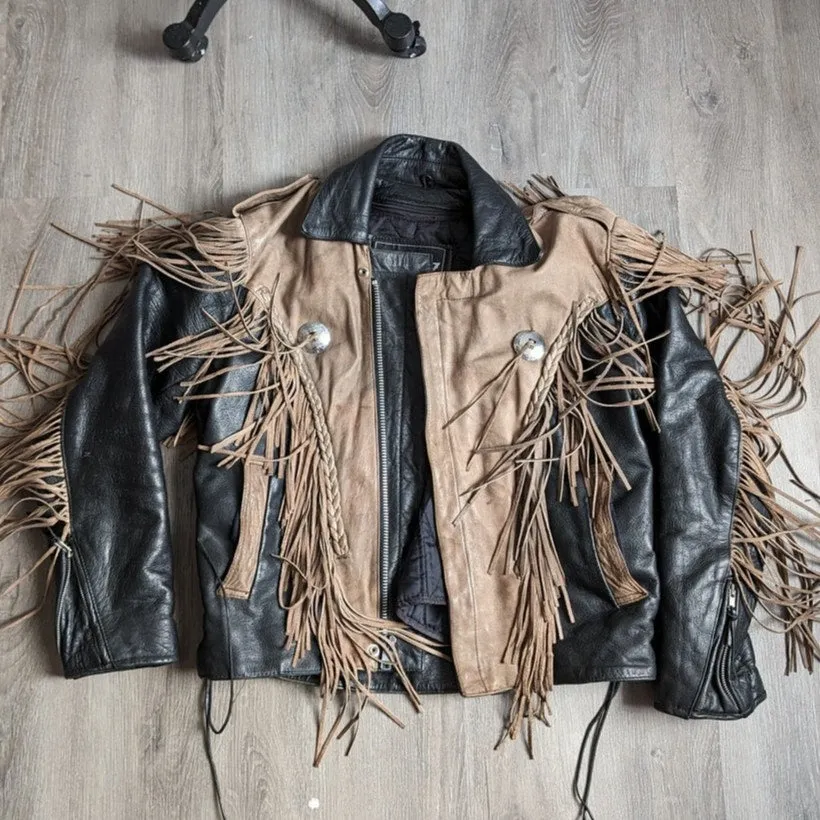 Vintage Brown Black Leather Biker Jacket Fringe Concho Motorcycle Western Duster