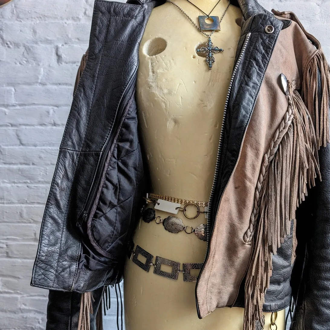 Vintage Brown Black Leather Biker Jacket Fringe Concho Motorcycle Western Duster