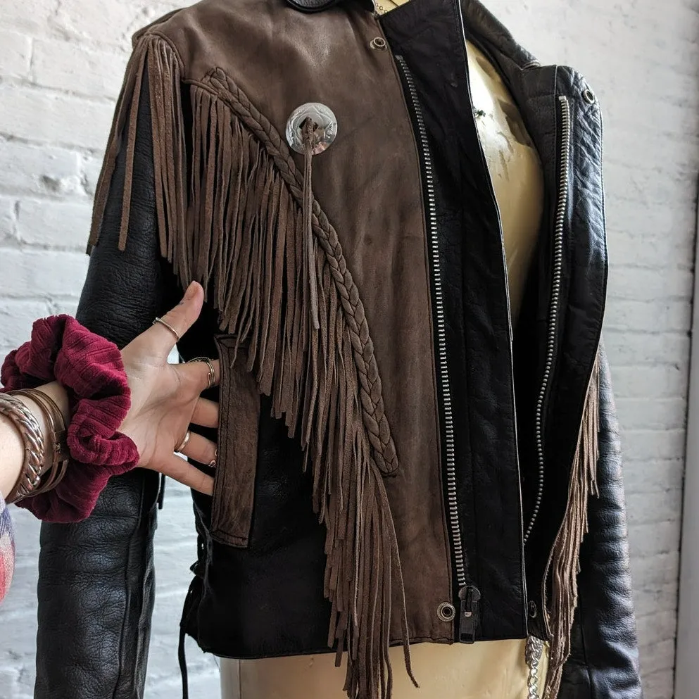 Vintage Brown Black Leather Biker Jacket Fringe Concho Motorcycle Western Duster