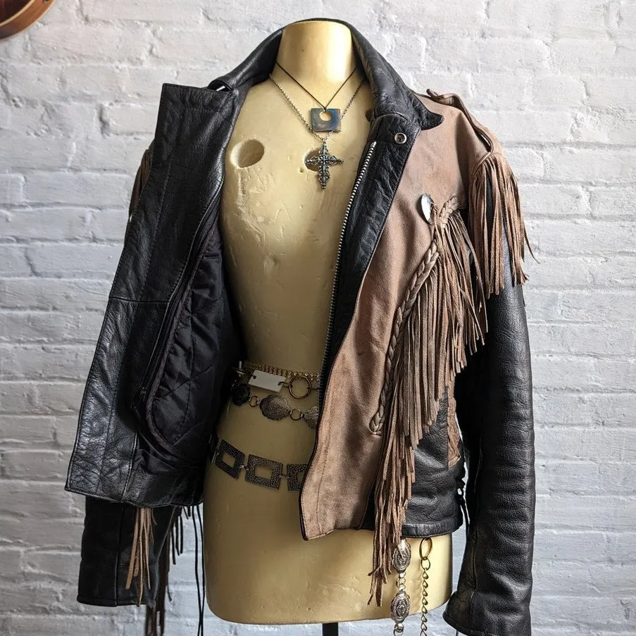 Vintage Brown Black Leather Biker Jacket Fringe Concho Motorcycle Western Duster