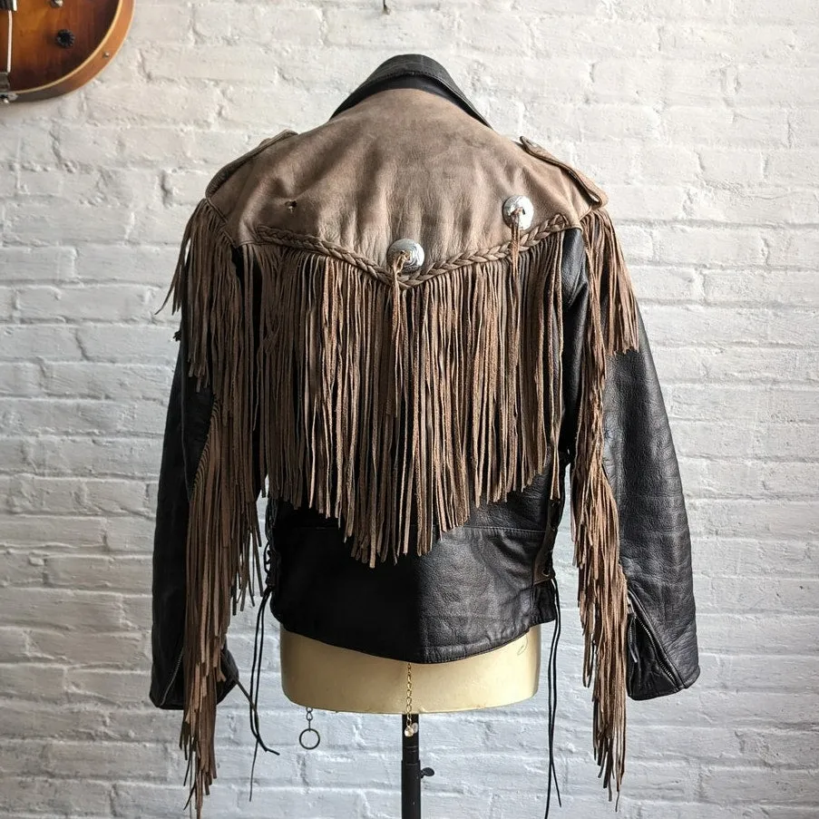 Vintage Brown Black Leather Biker Jacket Fringe Concho Motorcycle Western Duster