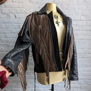 Vintage Brown Black Leather Biker Jacket Fringe Concho Motorcycle Western Duster