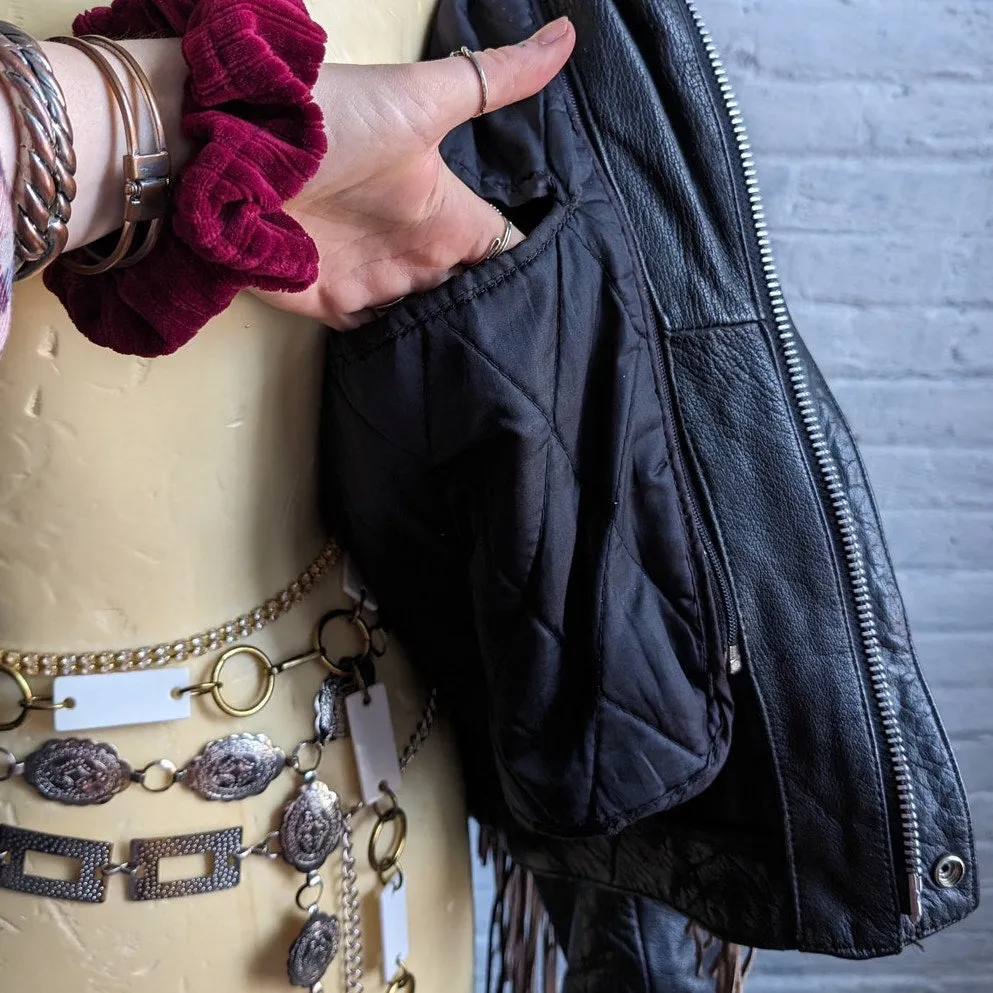 Vintage Brown Black Leather Biker Jacket Fringe Concho Motorcycle Western Duster