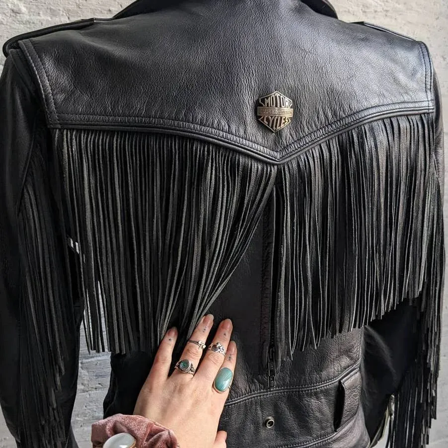 Vintage Genuine Leather Moto Jacket 90's Harley Davidson Fringe Biker Jacket