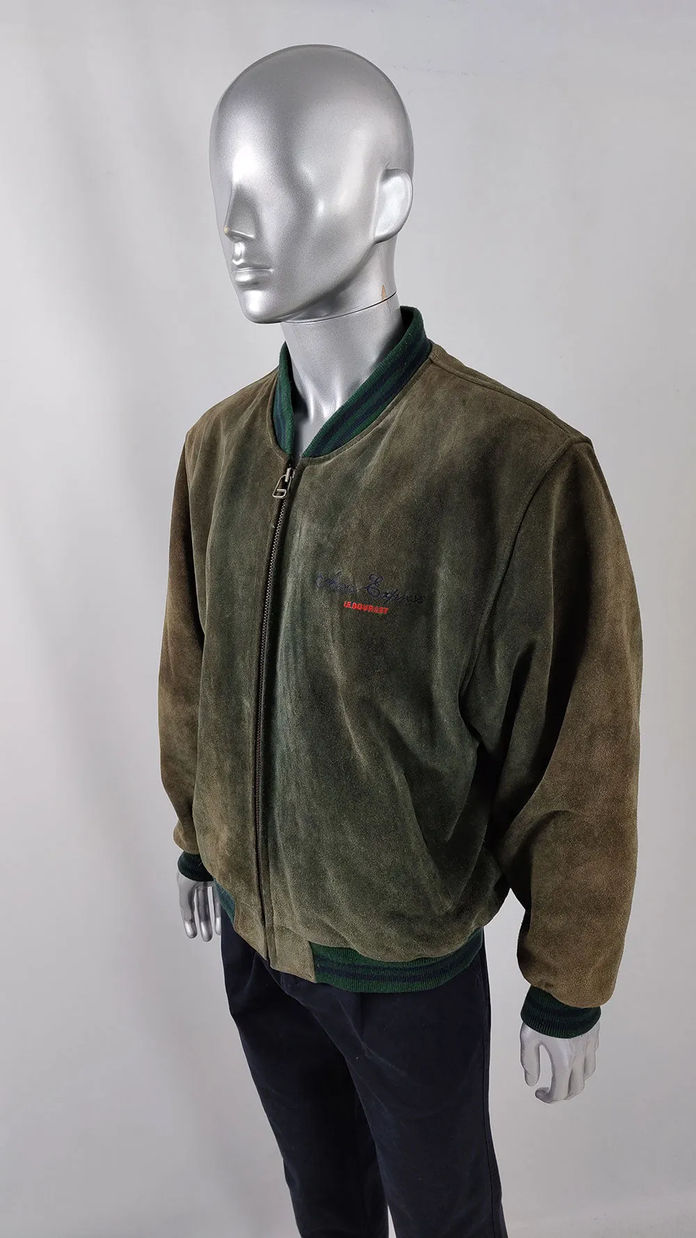 Vintage Mens Green & Brown Real Suede Bomber Jacket, 1980s