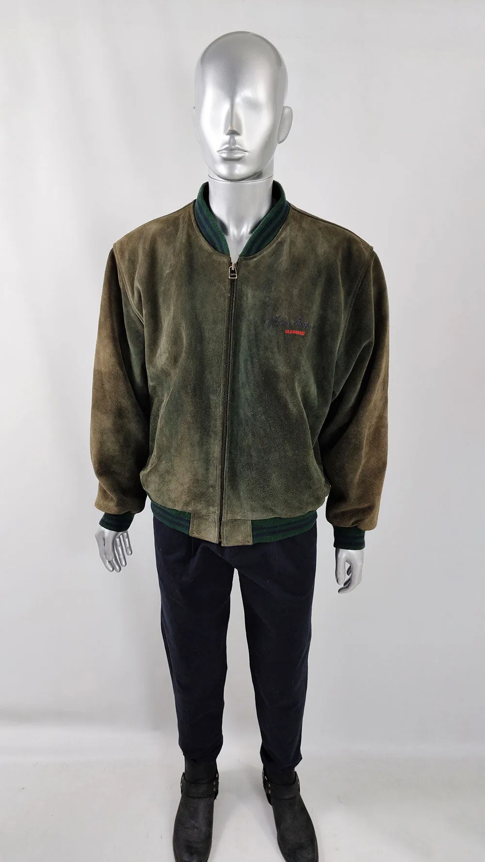 Vintage Mens Green & Brown Real Suede Bomber Jacket, 1980s