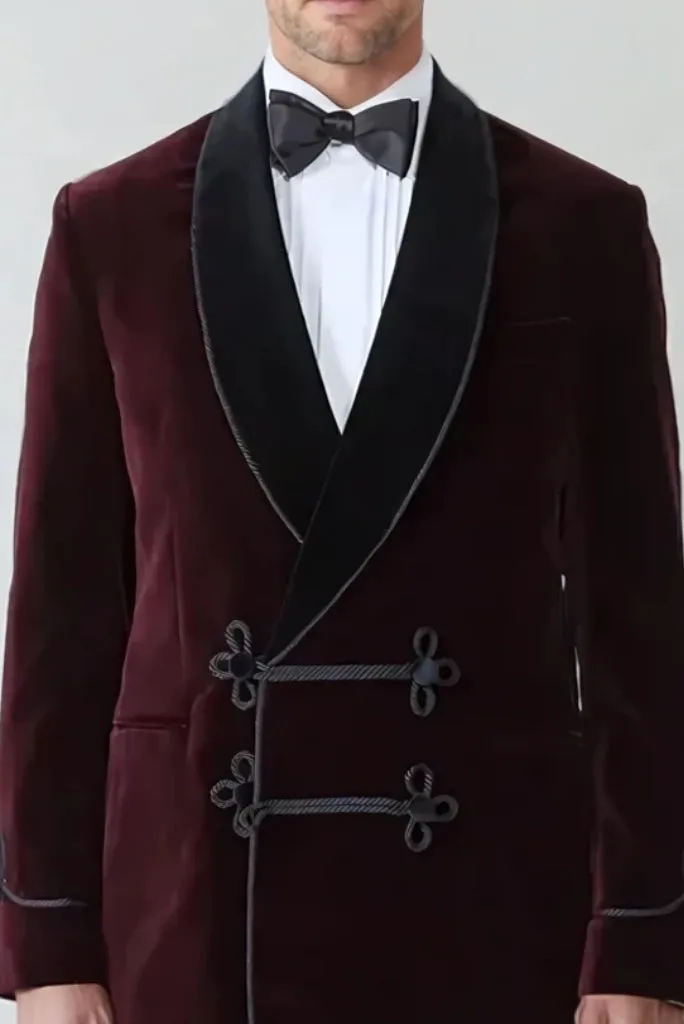 Wine Velvet Smoking Jacket For Mens Velvet Smoking Coats Evening Wear Coat Stylish Velvet Wedding Jacket