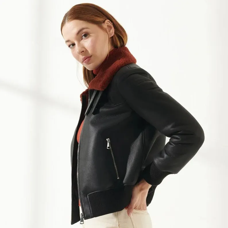 Women Leather Bomber Jacket with Red Fur Collar