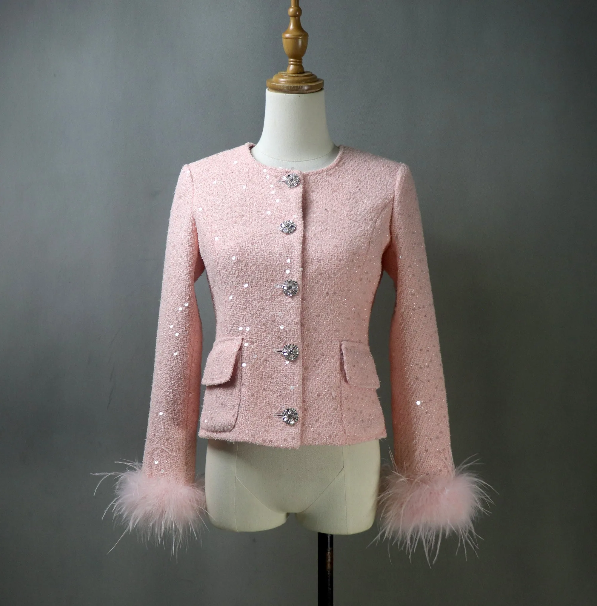 Women Pink Sequinned Jacket  With Faux Fur Trim