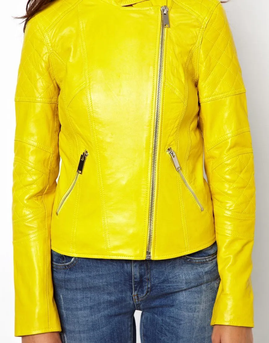 Women's Stylish Yellow Genuine Leather Jacket WJ038