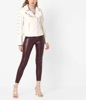 Women's White Leather Jacket with Notched Collar WJ063