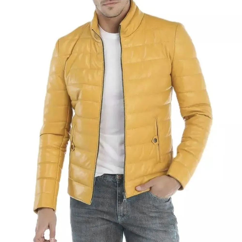 Yellow Puffer Leather Biker Jacket