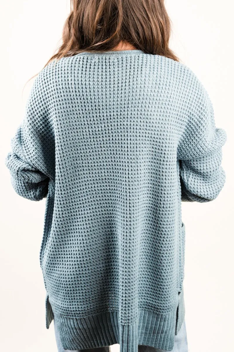 Zenana Get Cozy Blue Gray Waffle Pocket Cardigan